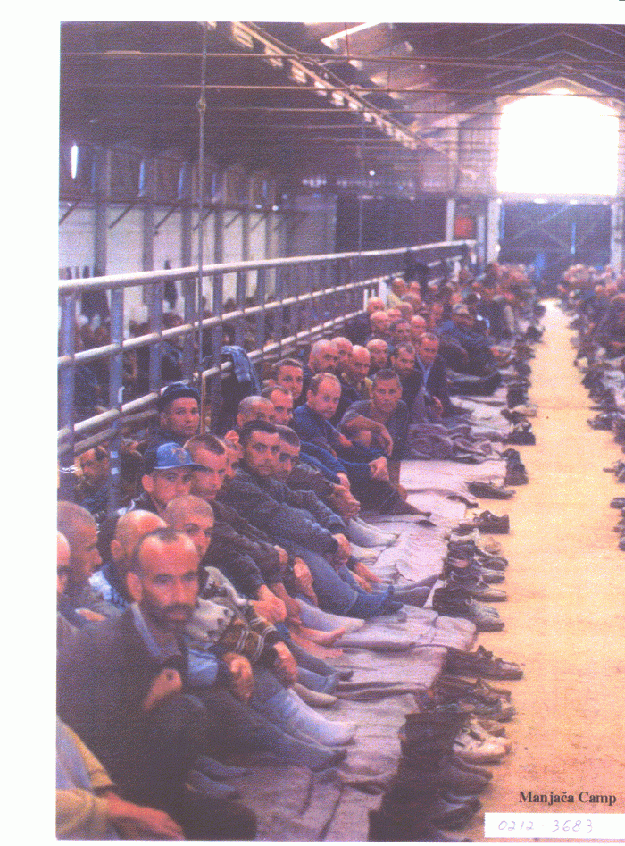 Bosniak (Bosnian Muslim) civilians in the notorious Serb-run Manjaca concentration camp in north-west Bosnia, near Prijedor, in August of 1992.